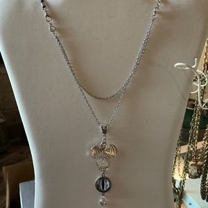 Silver Dragon Blue Eyed Cabochon on Double Chain